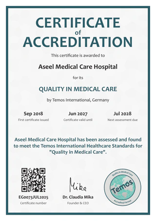 Temos International Healthcare Accreditation certificate for Aseel Medical Care Hospital
